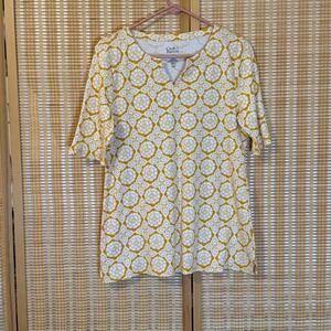Croft & Barrow Womens Small Yellow‎ White Medallion Floral Split Neck Cotton Top